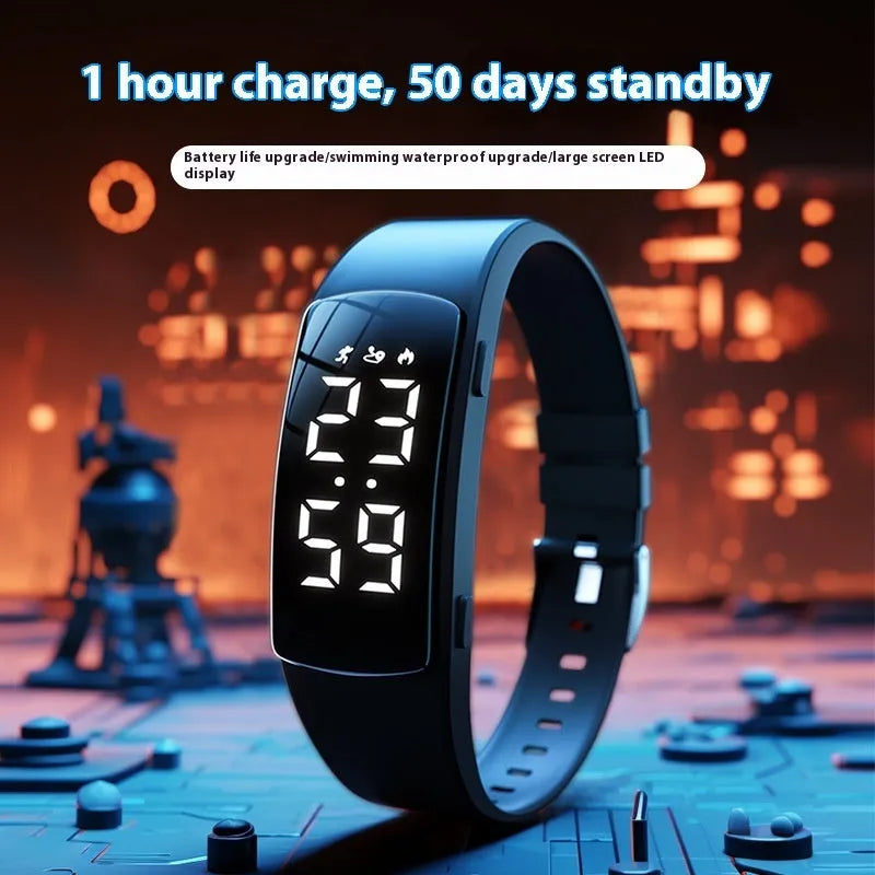 Smart vibration alarm watch with LED display and coloured silicone strap on a wrist