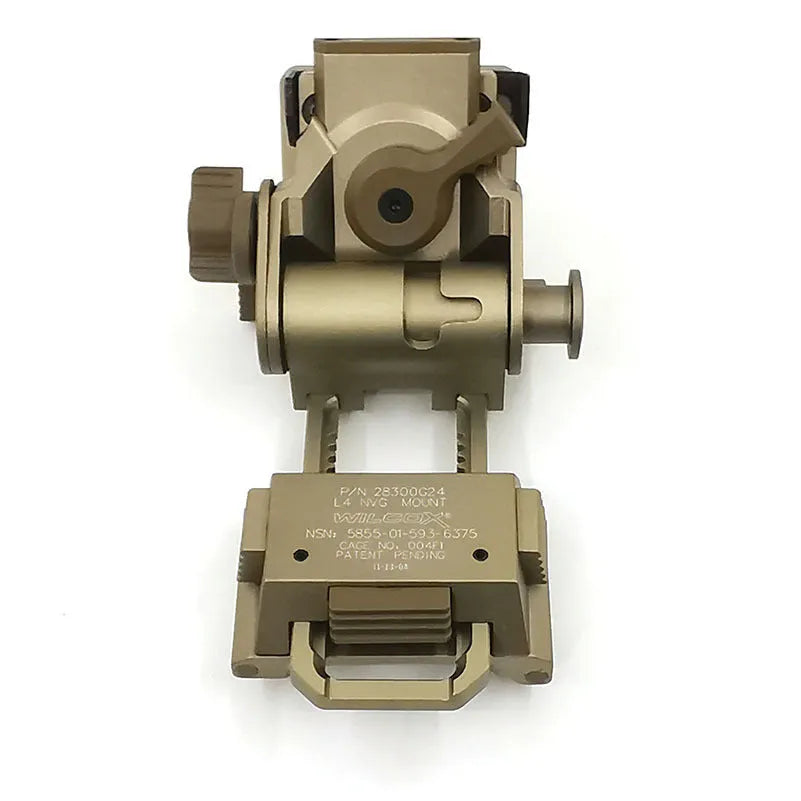 Tactical helmet dumper bracket in black, brown, and silver for mounting accessories.