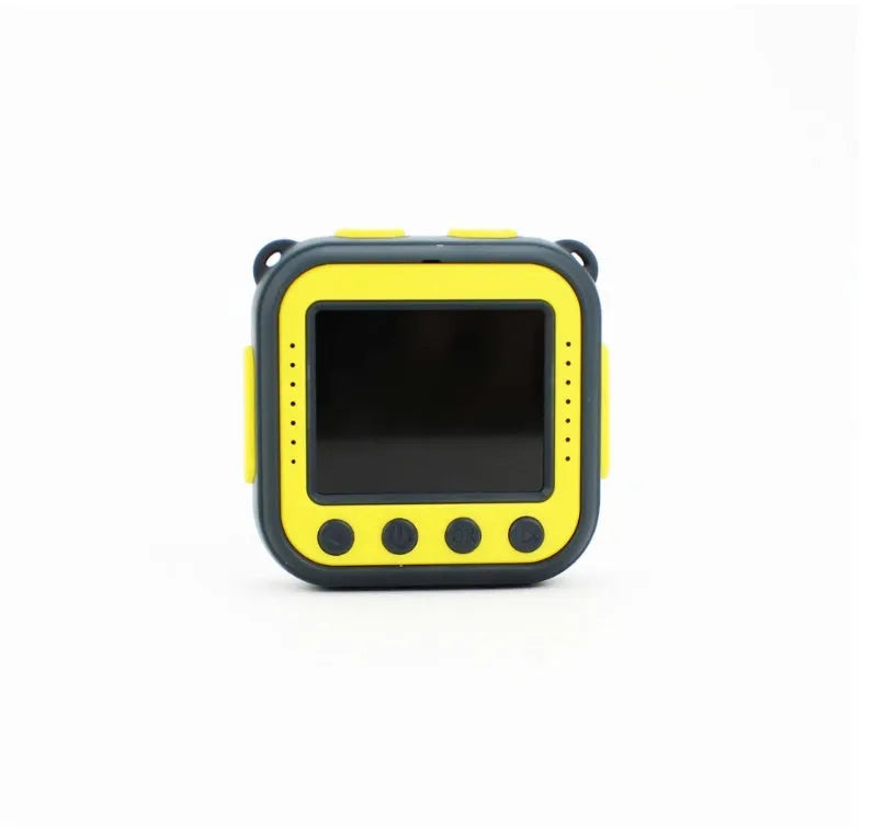 Yellow children's waterproof sports camera with 1.77-inch screen showing 5MP photo resolution and HD video recording