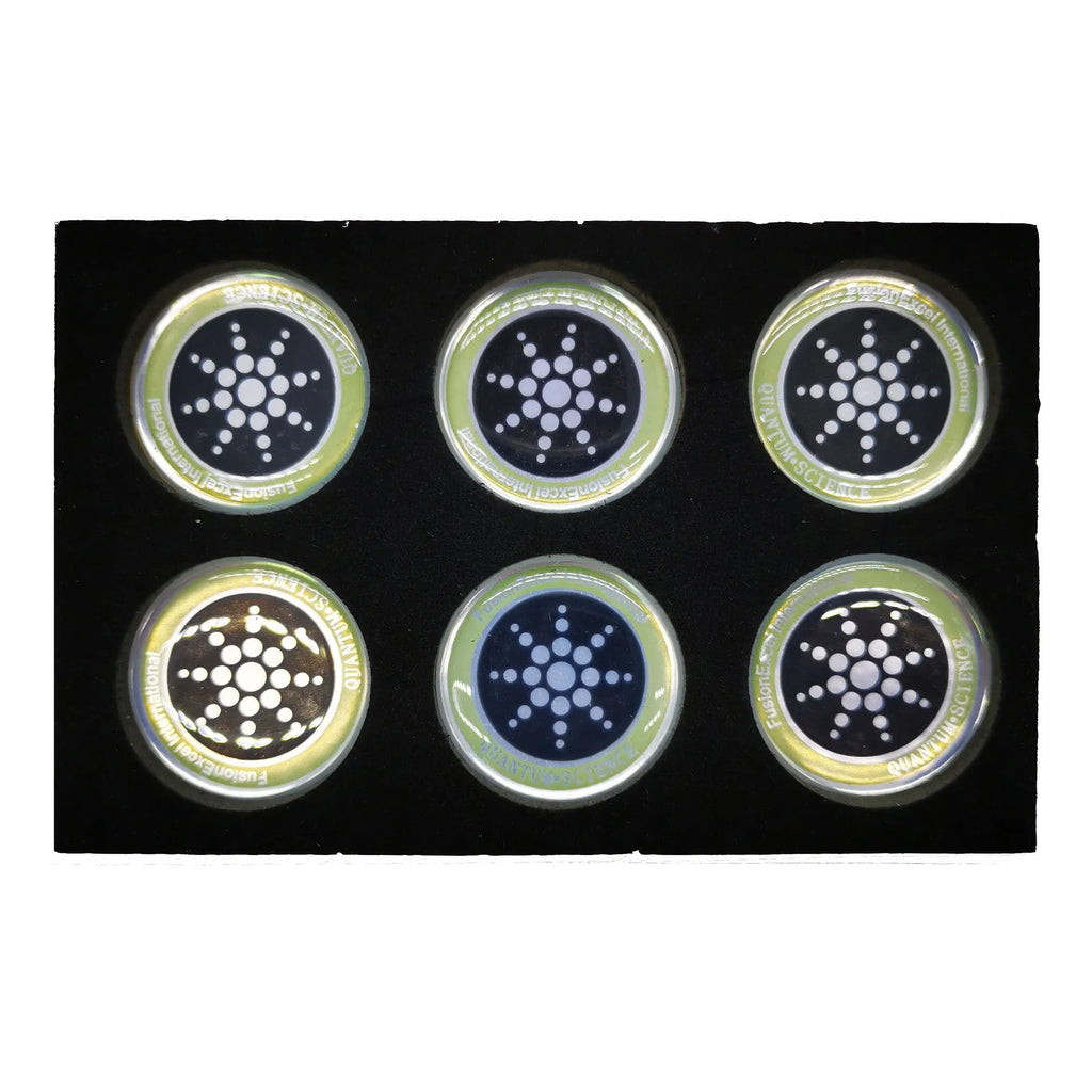 Six anti-radiation mobile phone stickers in gold and silver metallic finishes