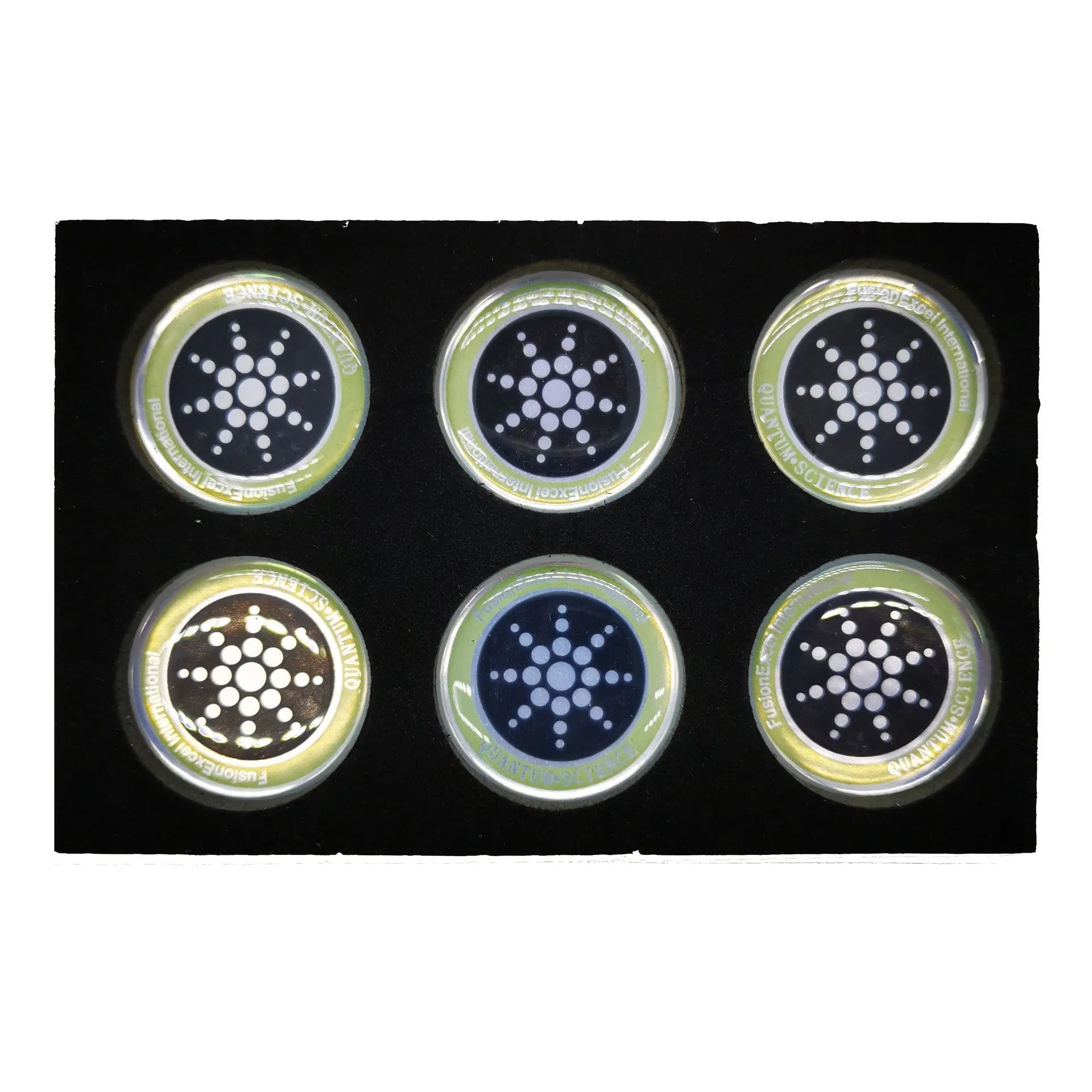 Six anti-radiation mobile phone stickers in gold and silver metallic finishes