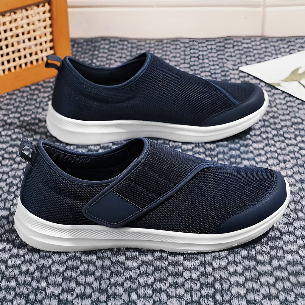 Mesh upper walking shoes with Velcro fastening in black, blue, grey, or wine red