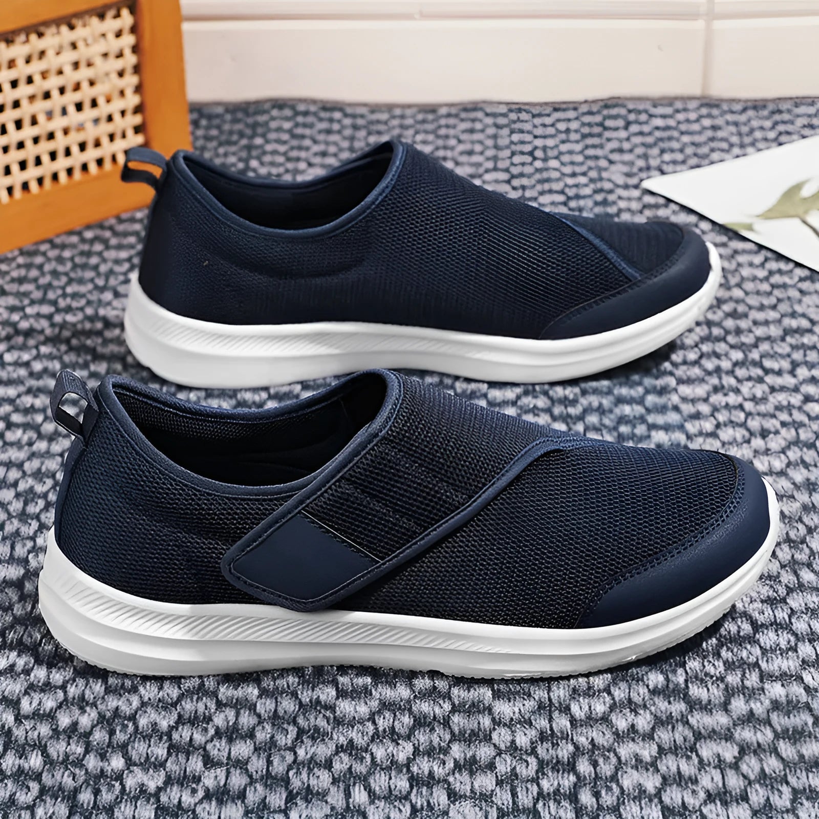 Mesh upper walking shoes with Velcro fastening in black, blue, grey, or wine red