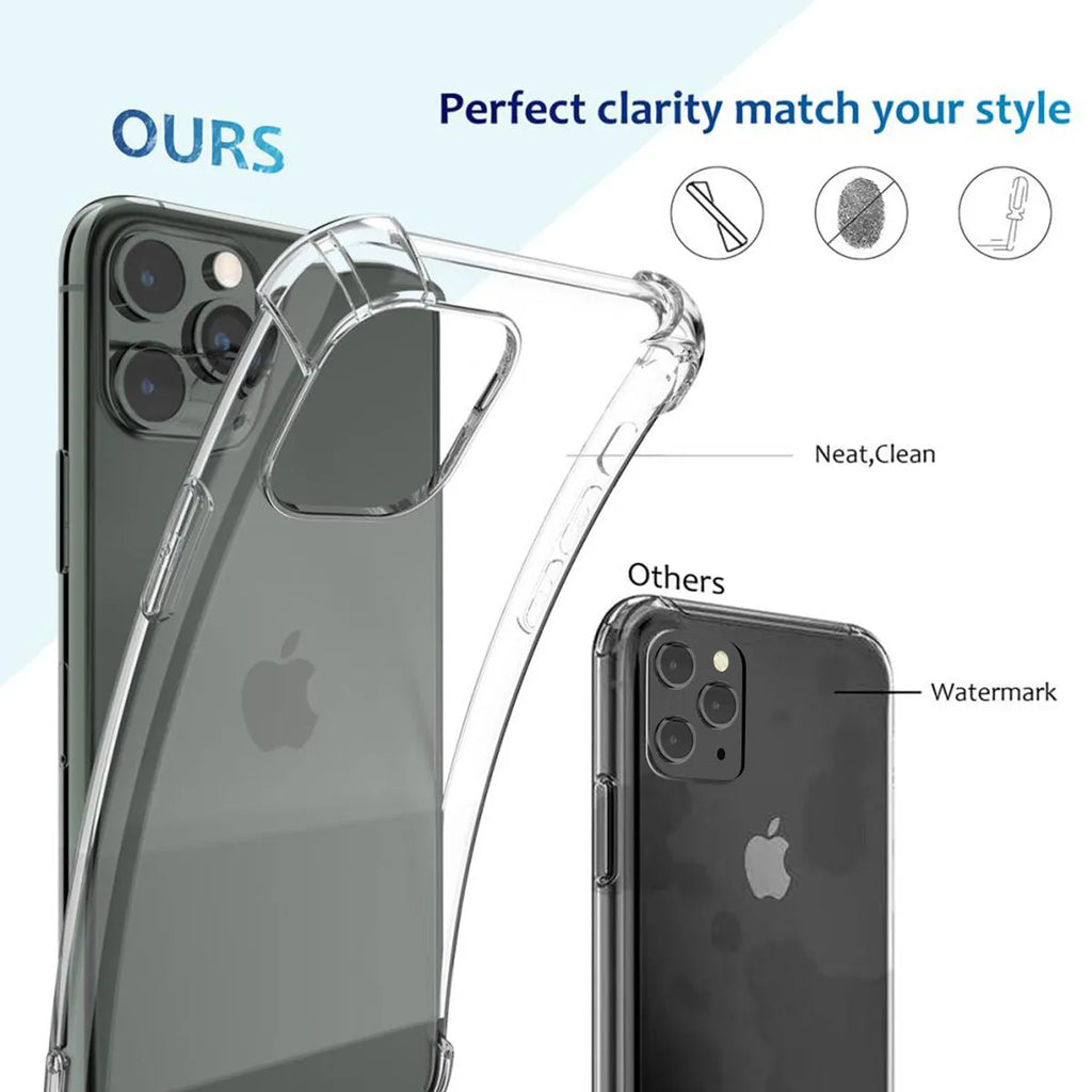 A clear, flexible TPU shockproof phone case designed for various Apple iPhone models.