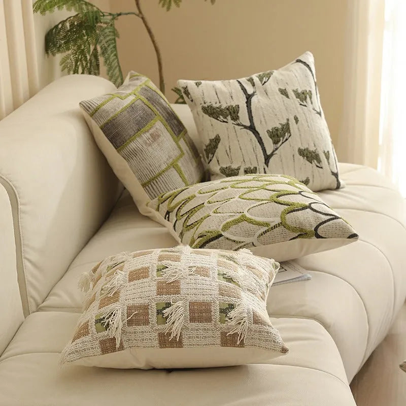 45cm square jacquard cushion cover with a retro plants and flowers pattern in various colours.