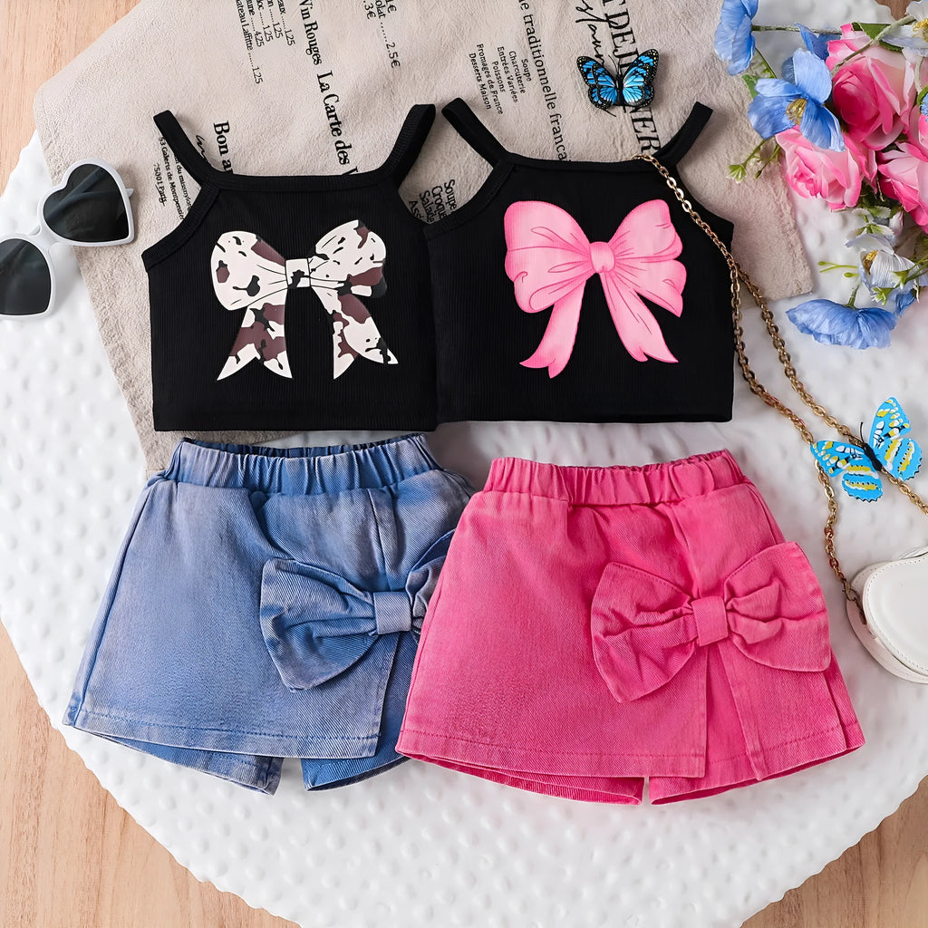 Baby girl wearing cotton bow print sling irregular pantskirt suit in blue for summer