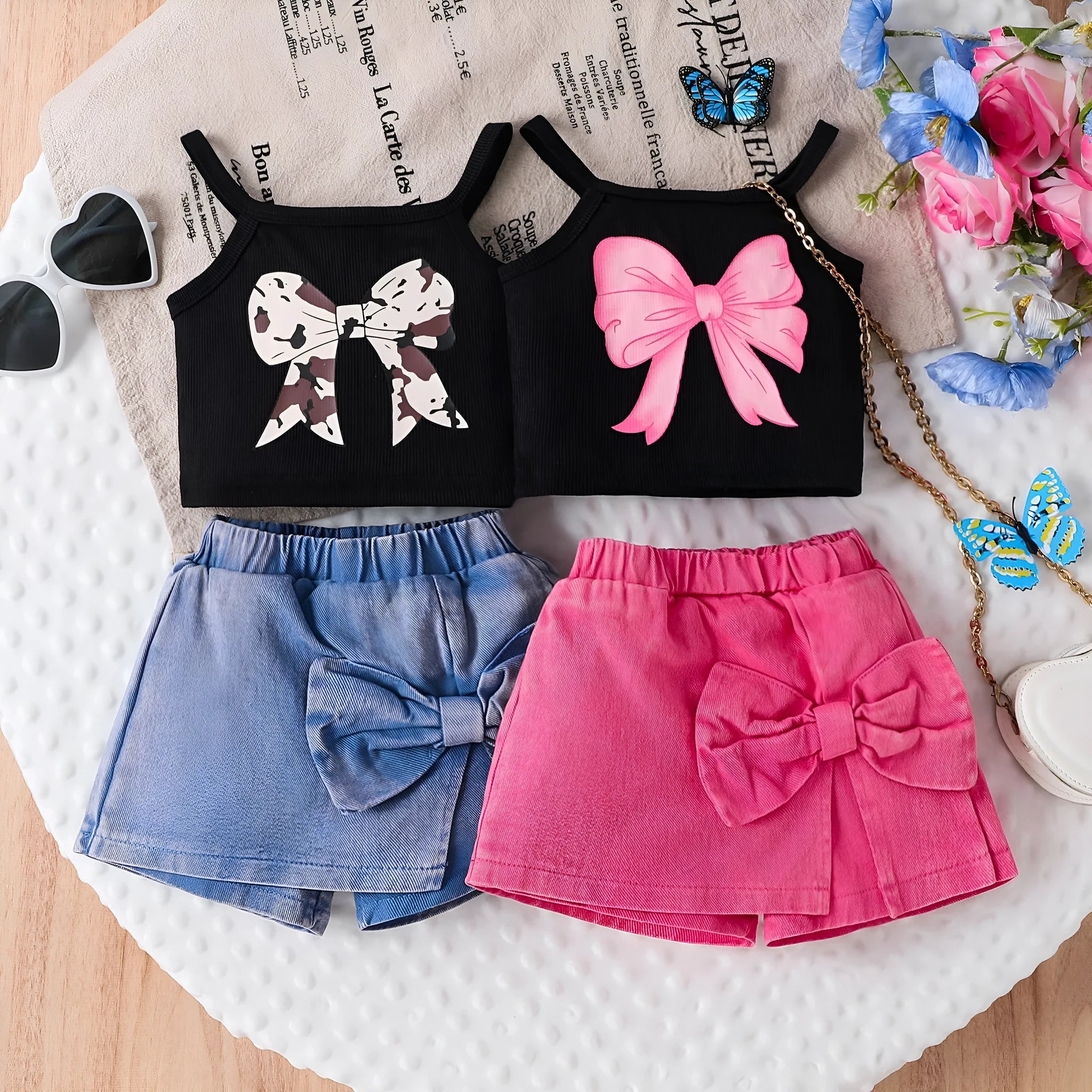 Baby girl wearing cotton bow print sling irregular pantskirt suit in blue for summer