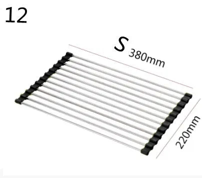 Folding stainless steel kitchen sink drying rack in red colour, shown extended for use.
