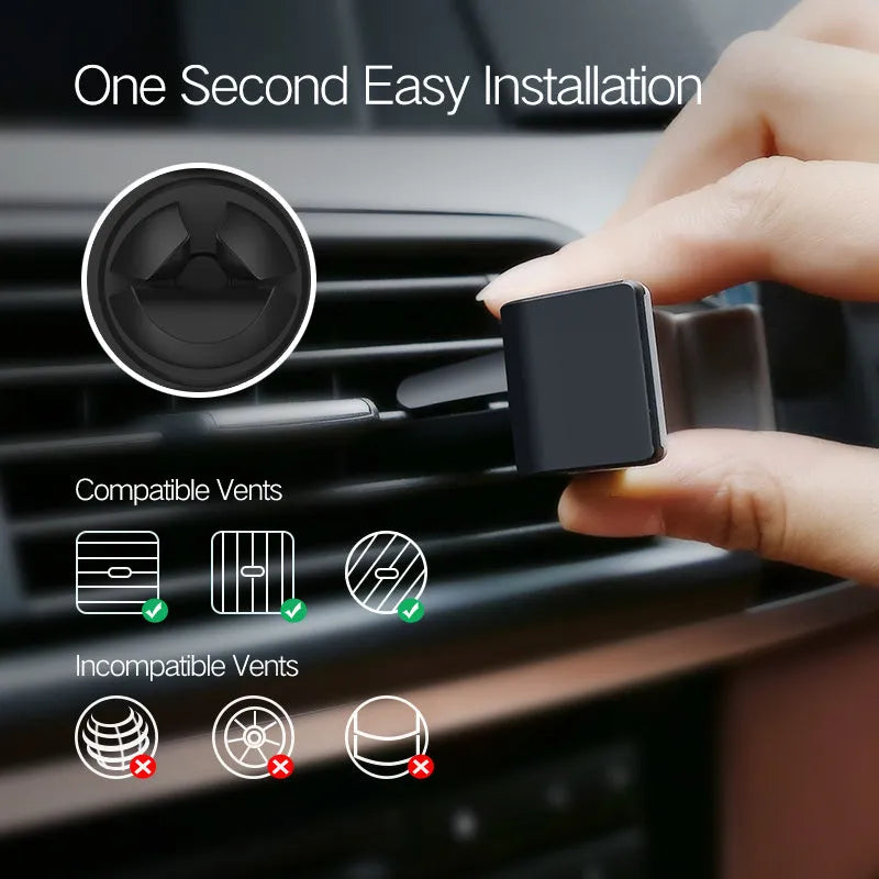 Universal car phone holder in PC and ABS, shown in Black or Grey, for hands-free in-car phone positioning.