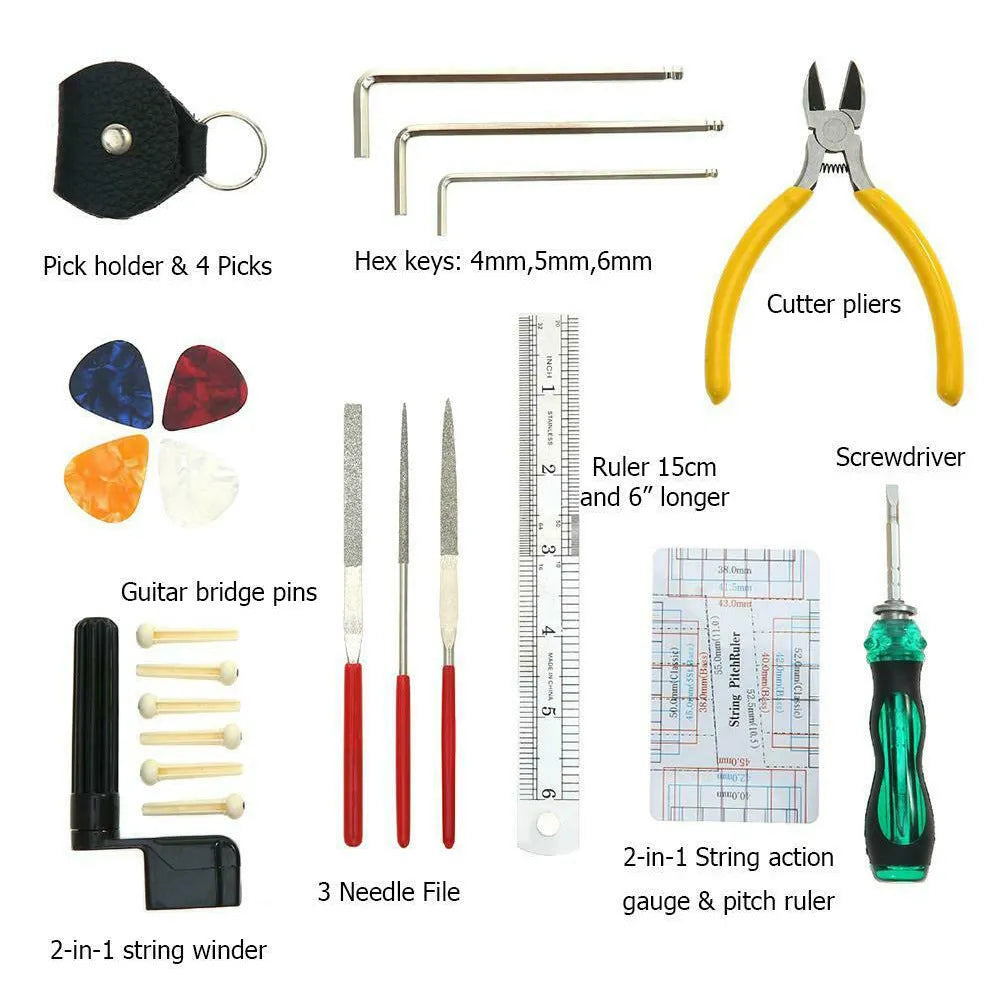 Open black guitar repair kit showing 12 metal tools including truss rod wrenches and a string winder in a zippered case.