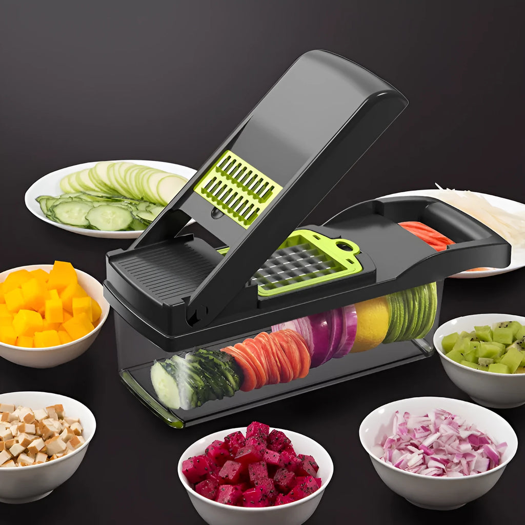 Multi-blade vegetable cutter with wheat straw body and seven stainless steel blades for slicing and dicing on a kitchen counter.