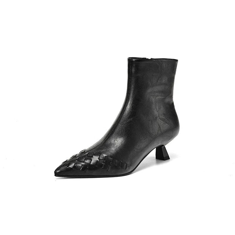 Women's knit ankle mid-heel boots with genuine cowhide leather, plush lining, and waterproof platform