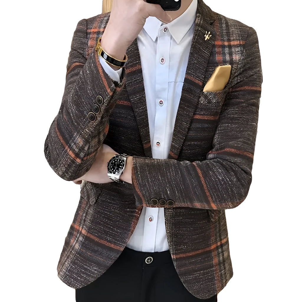 Men plaid slim fit polyester blazer in coffee colour with lapel collar and two-button front