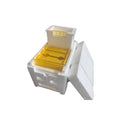 Three white EPS foam bee transport boxes for beehive supplies.