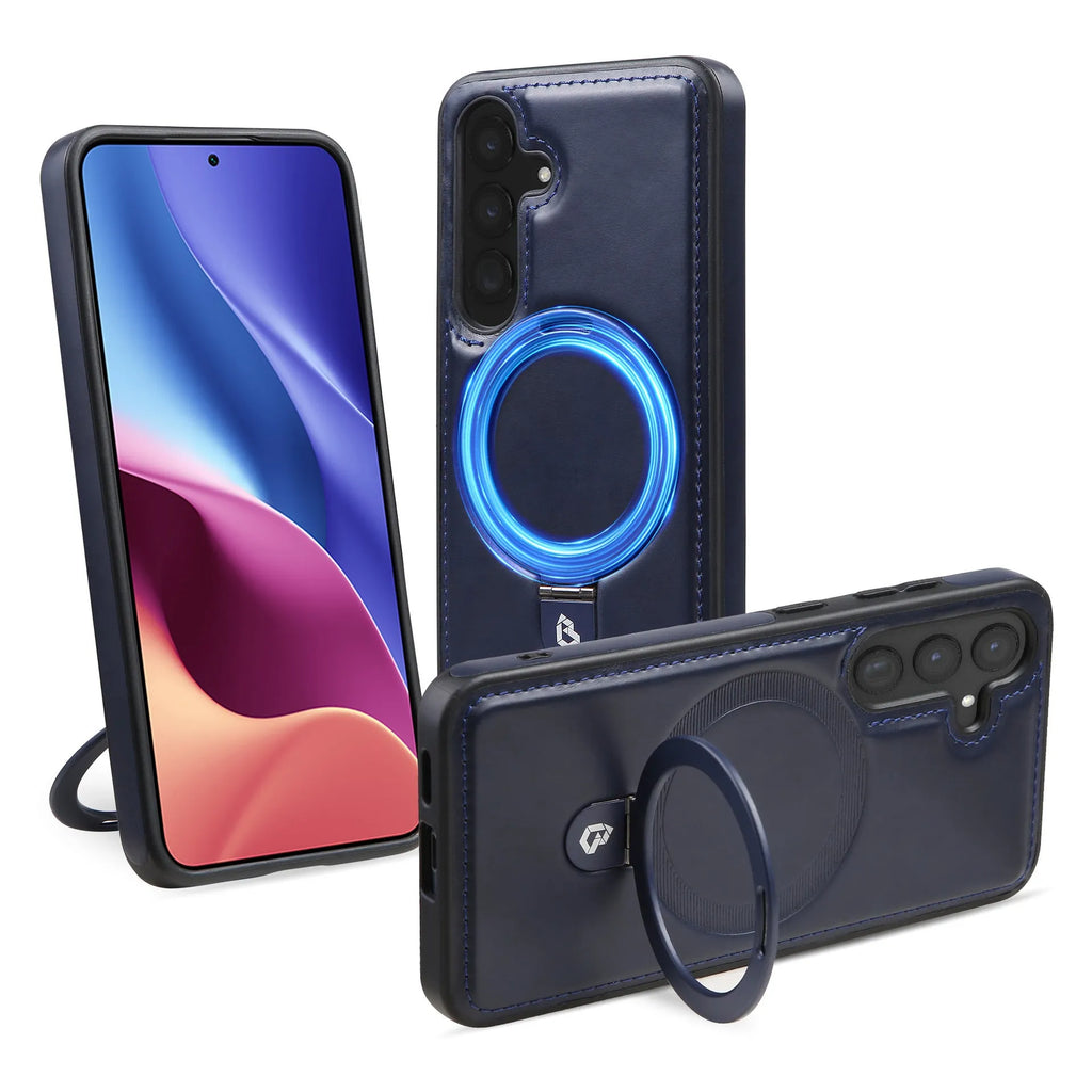 PU leather magnetic ring holder phone case with kickstand in black for Samsung S24