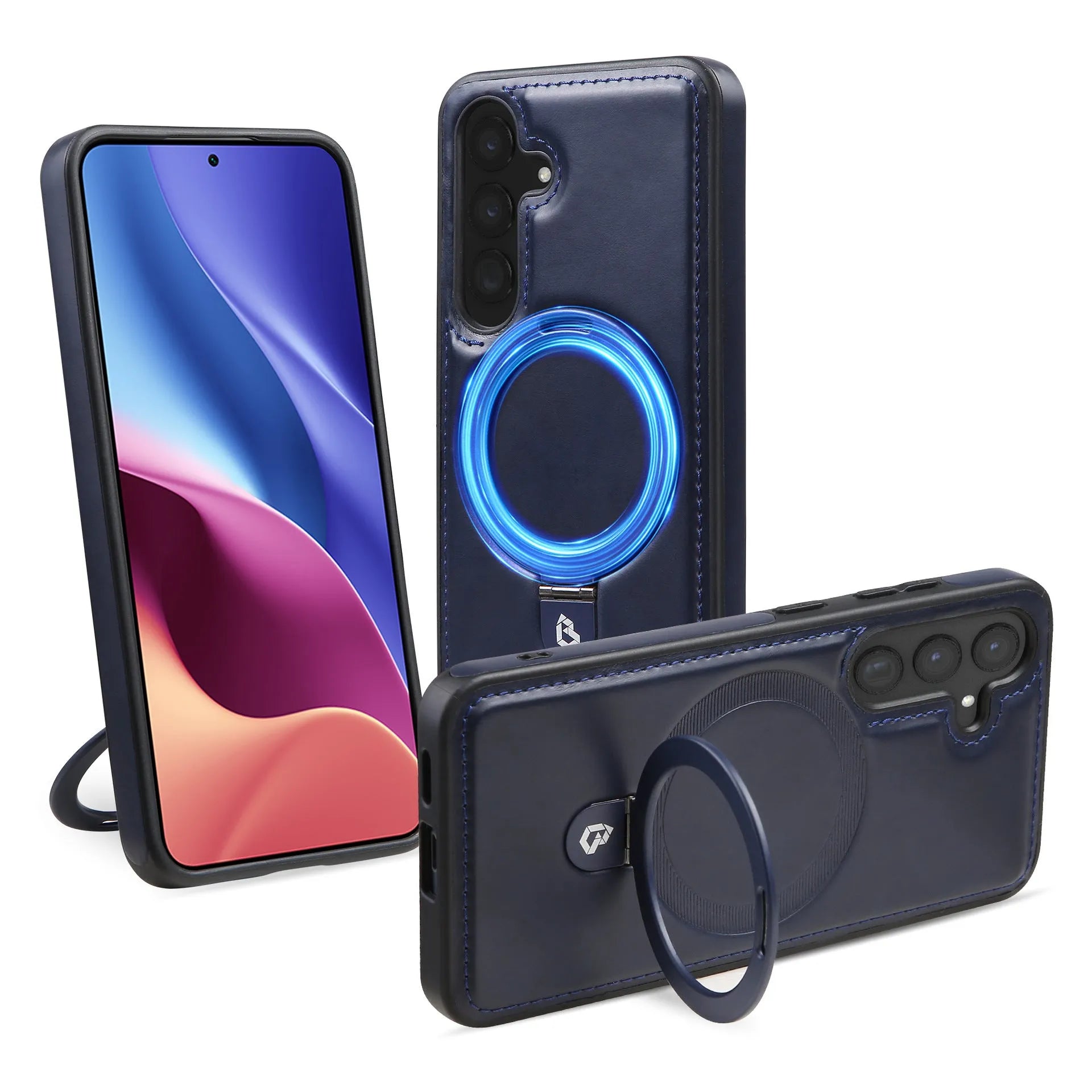 PU leather magnetic ring holder phone case with kickstand in black for Samsung S24