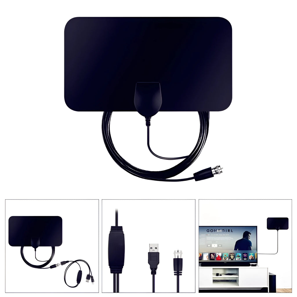 Black flat panel digital HD indoor TV antenna 210x120mm with 3m coaxial cable F-head connector and mounting paste