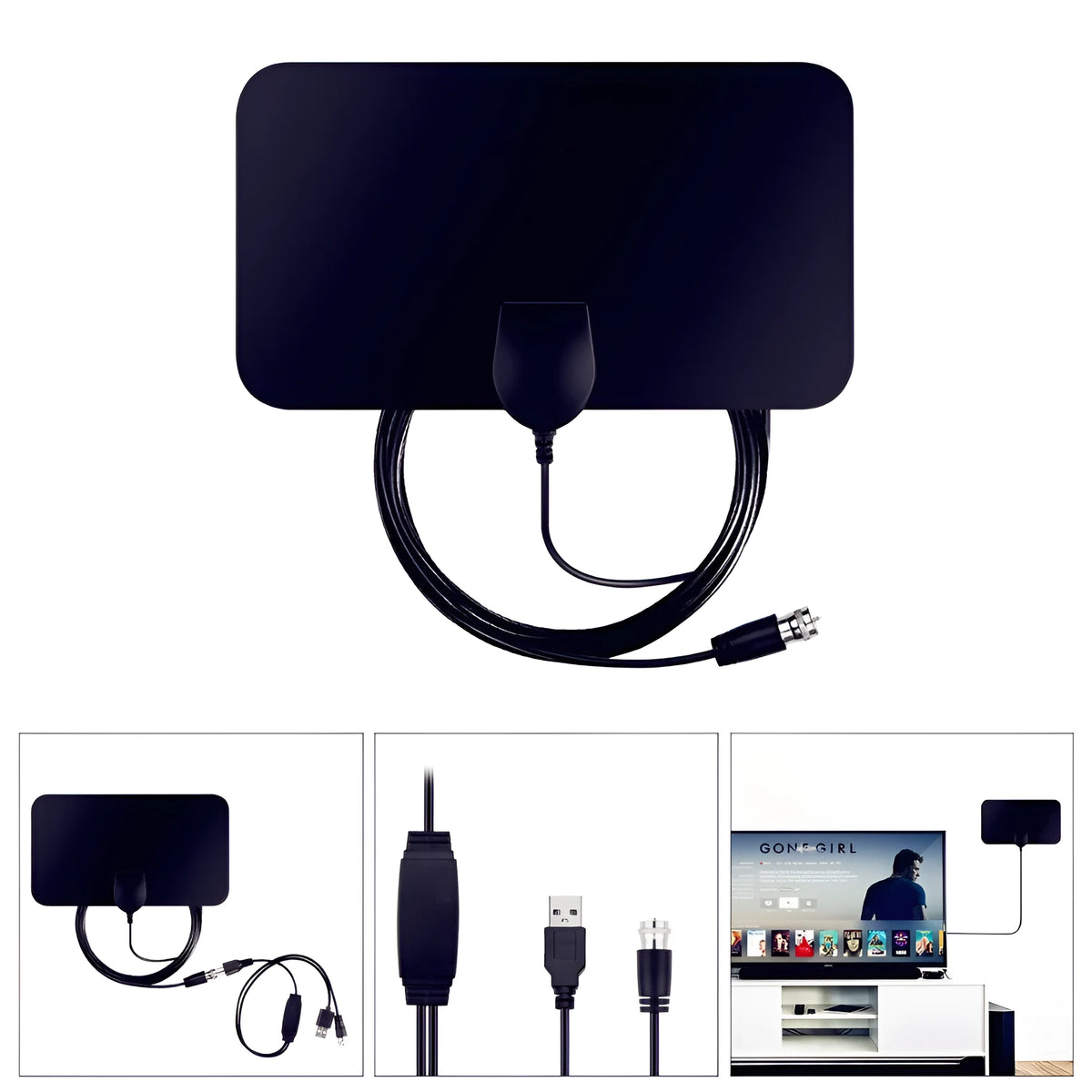 Black flat panel digital HD indoor TV antenna 210x120mm with 3m coaxial cable F-head connector and mounting paste