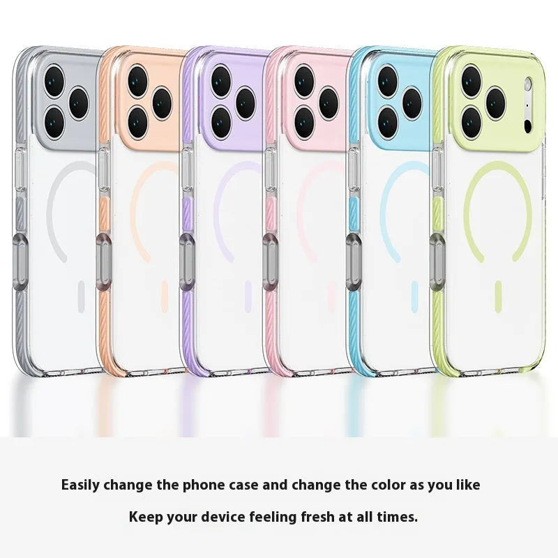 Transparent magnetic iPhone case showing six colour options: blue, green, orange, pink, purple, and gray