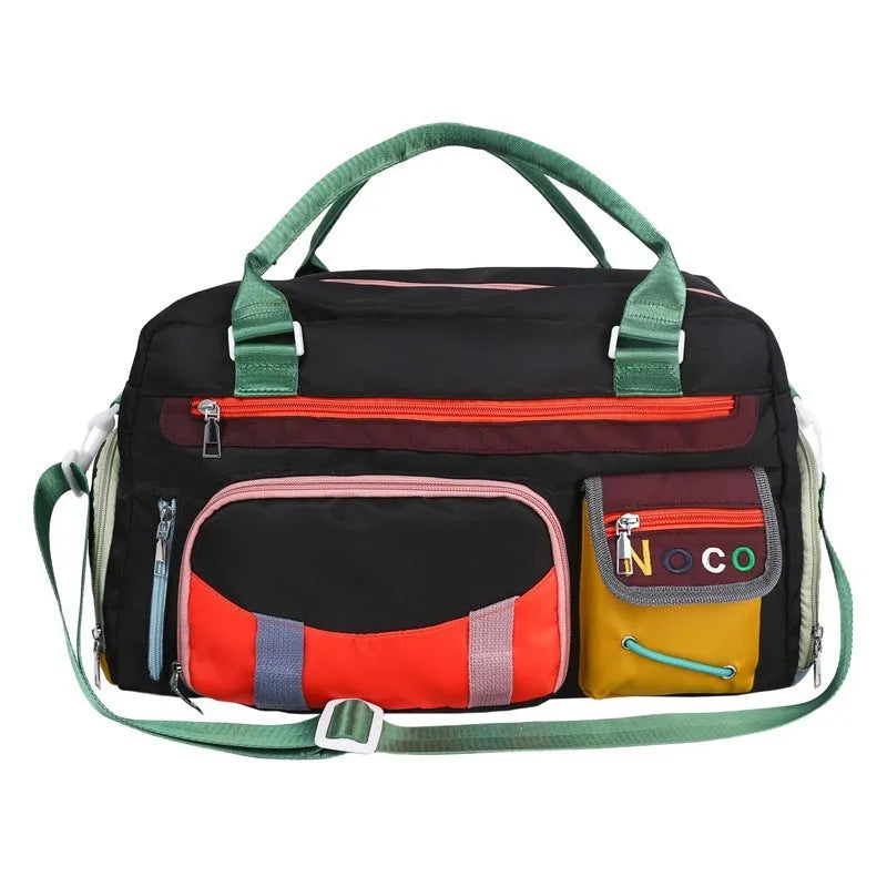 Large black Oxford cloth shoulder messenger bag with a shoulder strap, shown with its dimensions.