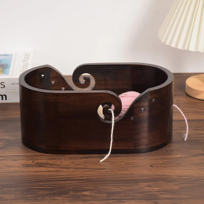 Fashion retro solid wood oval storage box in black walnut colour with lid and double-sided hole, 28.5 cm long