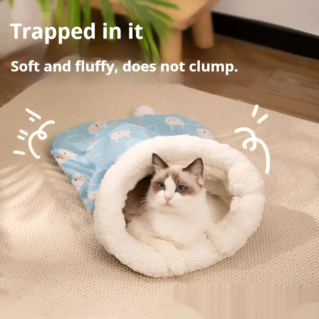 Pink flannel cat sleeping bag nest bed measuring 50cm by 40cm with soft padding.