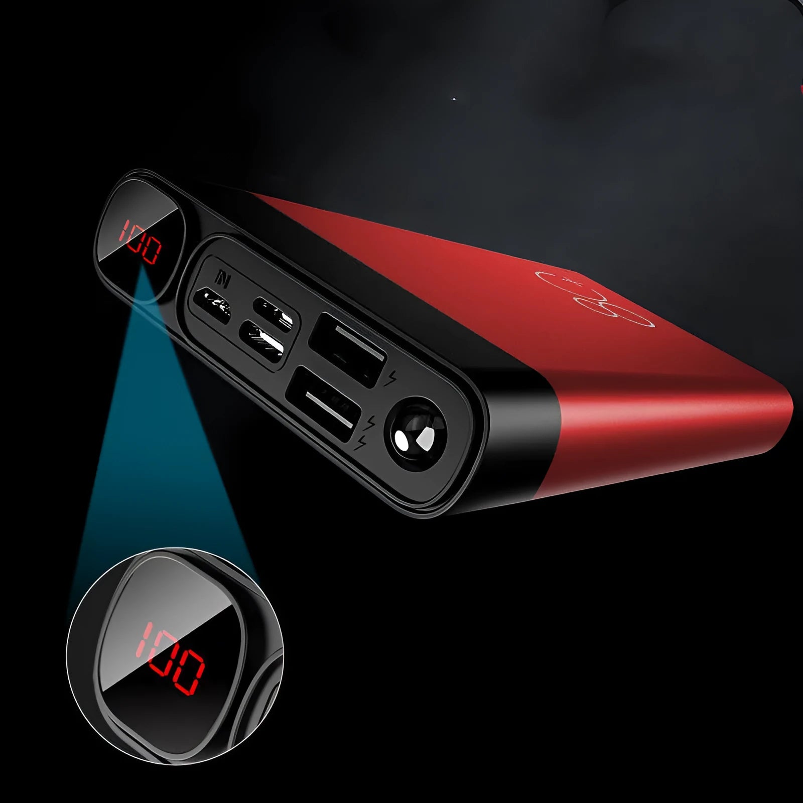 LCD display alloy shell power bank 10000mAh or 20000mAh in Black on a white background showing charge level