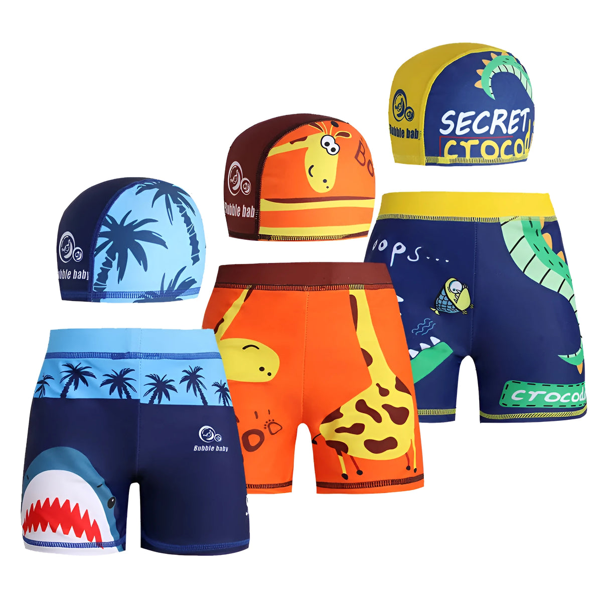 Boys two-piece swimming trunks set with swimming cap, polyester, sizes 80-120, seven styles