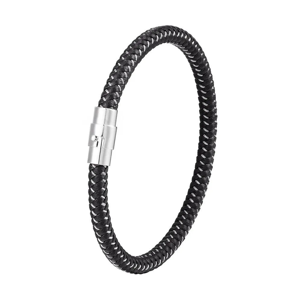 Geometric titanium steel bracelet with magnetic clasp shown on a wrist, demonstrating its unisex boyfriend style.