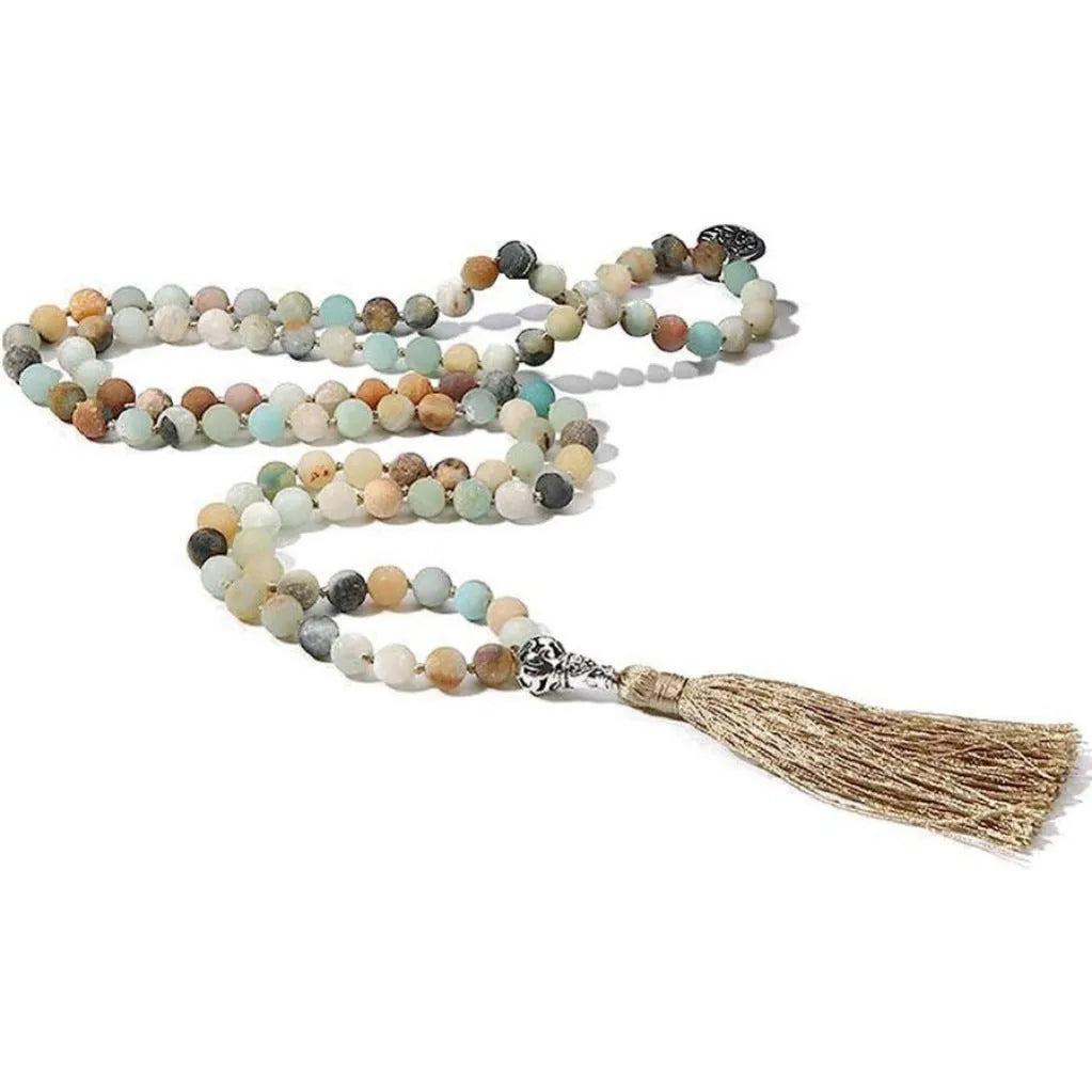 Handmade natural stone beaded necklace with 108 8mm beads showing geometric shape and 81cm length
