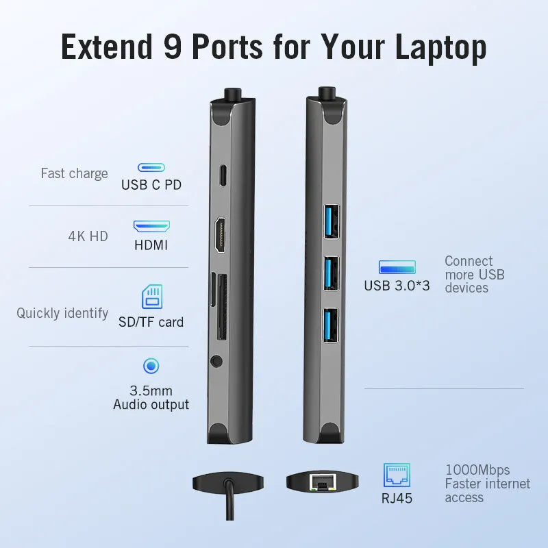 Deep grey Type-C to HDMI hub with USB, Ethernet, and memory card ports on a 15cm cable.
