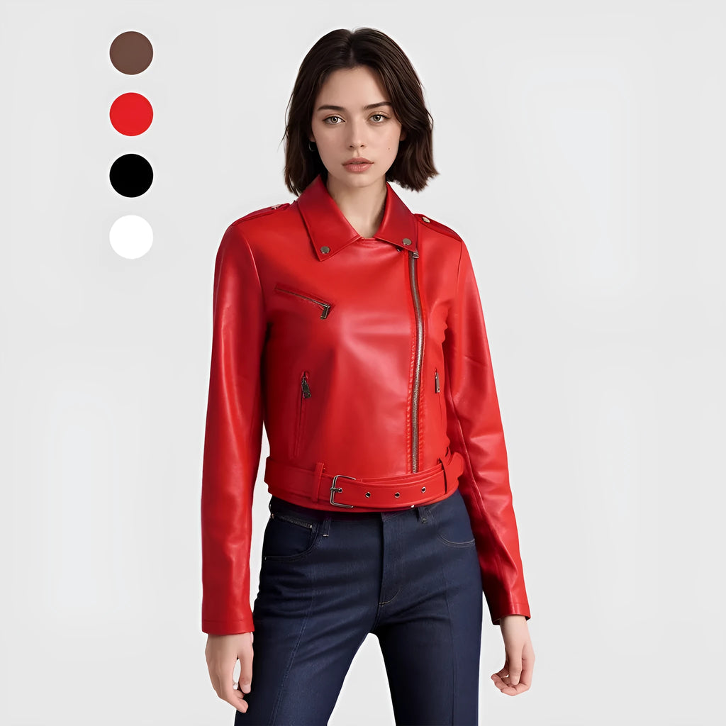 Women's black PU leather biker jacket with an adjustable waist belt, shown on a hanger.