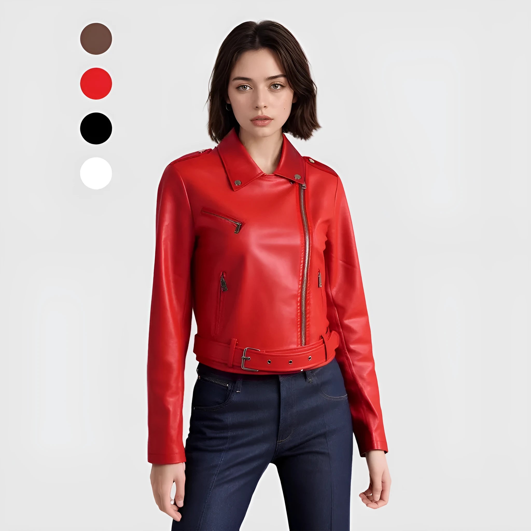 Women's black PU leather biker jacket with an adjustable waist belt, shown on a hanger.