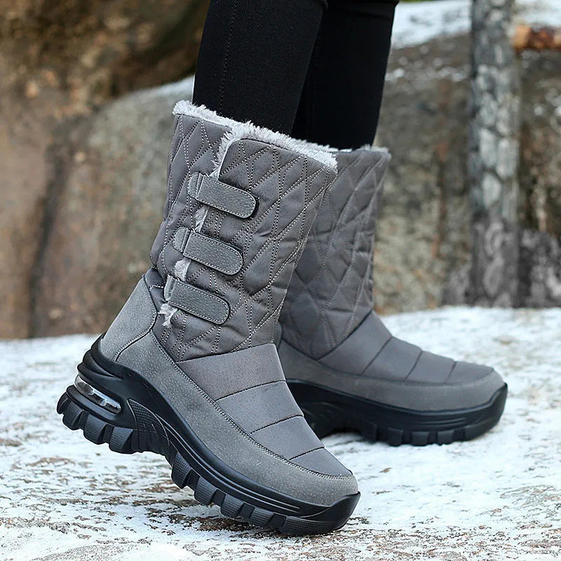 Women's outdoor plus velvet high top snow boots in black with white sole and Velcro strap