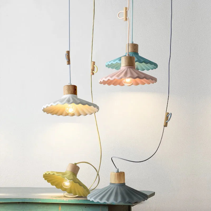 Modern simplicity cement solid wood chandelier with pink single light, resin construction, adjustable cord