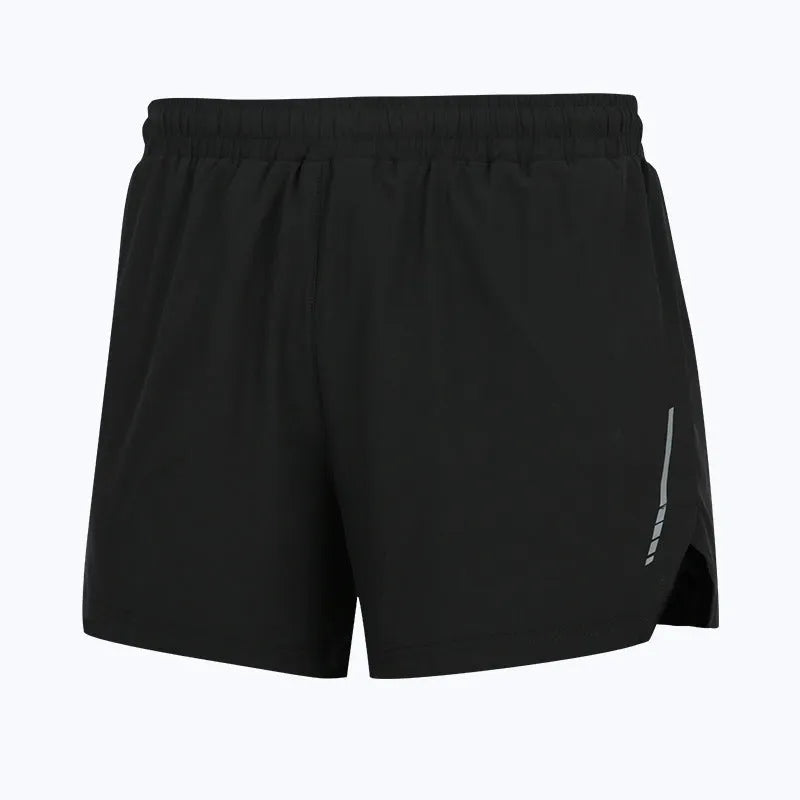A pair of grey straight-cut unisex running shorts made from moisture-wicking polyester fabric, laid flat.