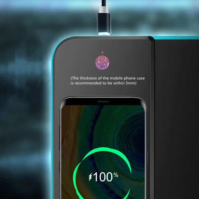 Wireless charging RGB luminous mouse pad 300x800x4mm rubber cloth construction with 10W charging and data cable