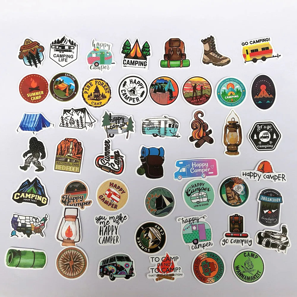 50 outdoor camping graffiti stickers, travel series PVC decals about 7cm, Go Camping pattern, model YT38
