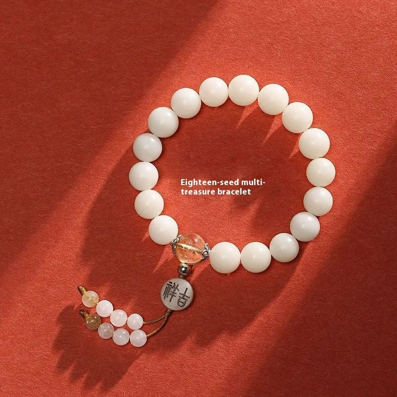 White jade Bodhi couple bracelet with 10mm beads and traditional Ruyi elements