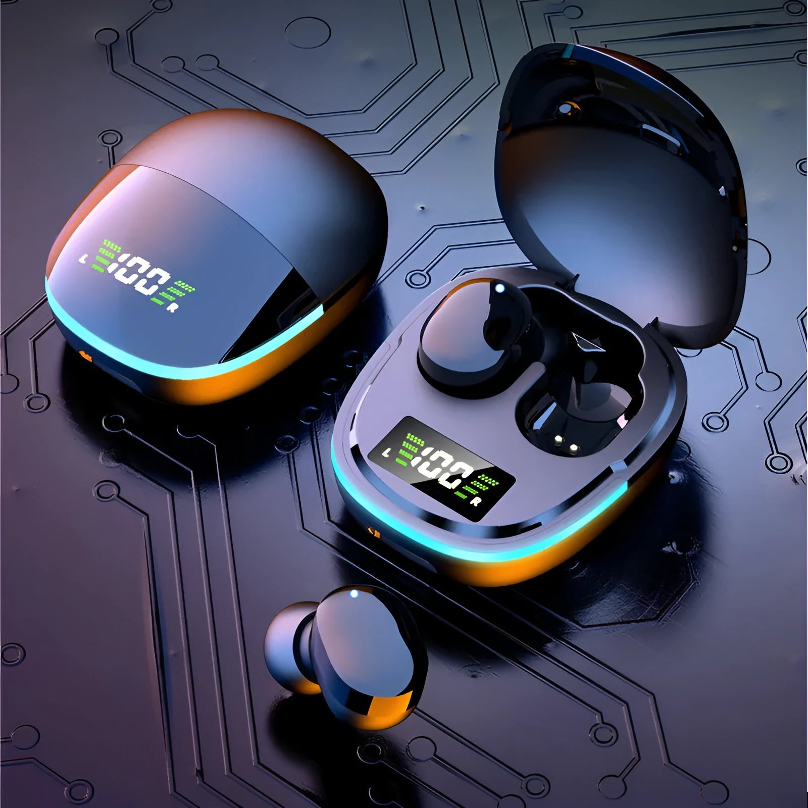 Black true wireless Bluetooth in-ear headphones and charging case with digital display.