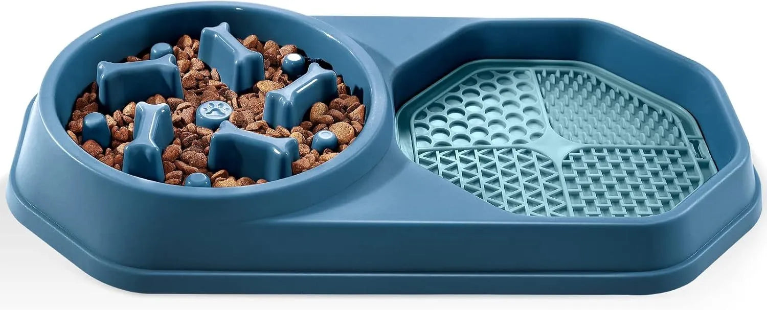 Blue interactive slow feeder dog bowl with maze pattern for dry and wet food, non-slip base.