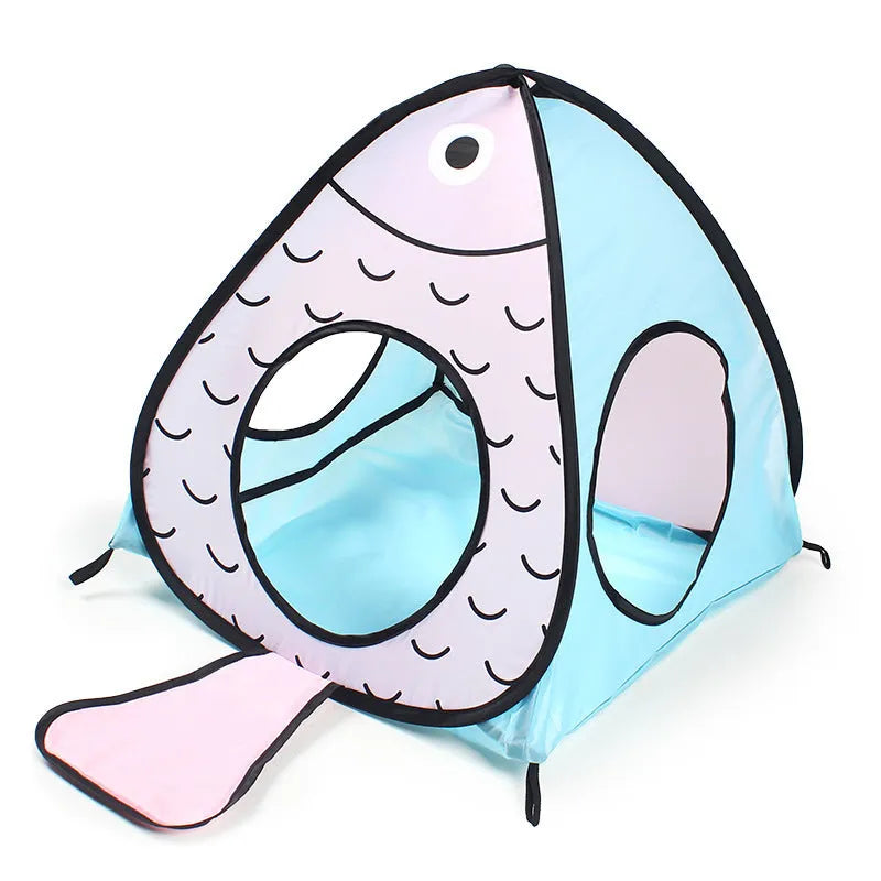 Foldable grey cat tent and tunnel play set with cat and fish illustrations.