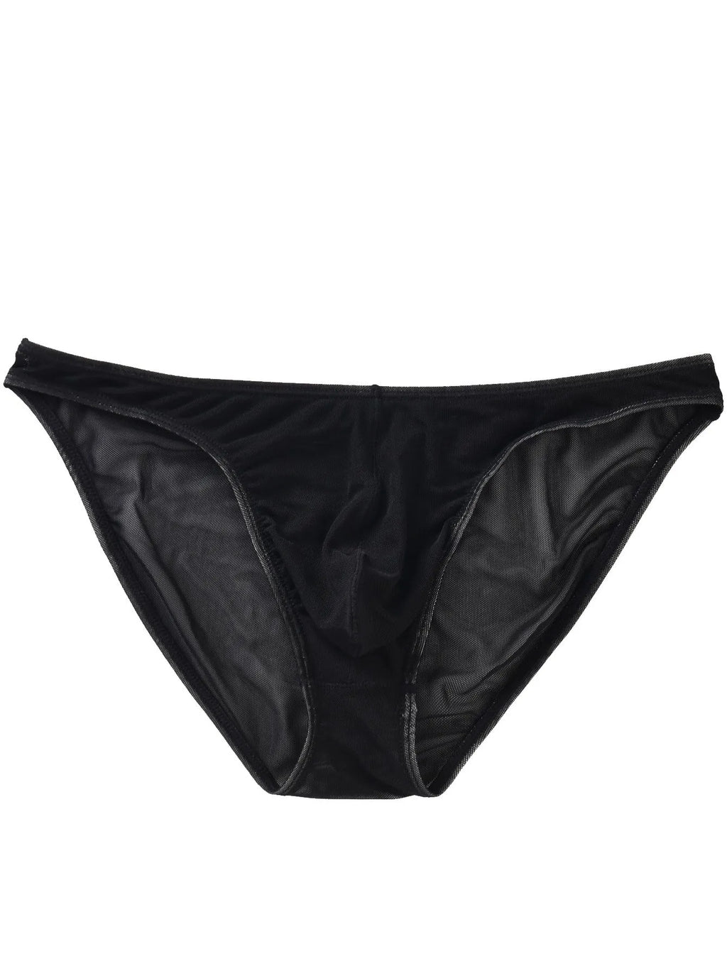Men's black low-waist triangle briefs made from quick-drying nylon fabric on a grey background.