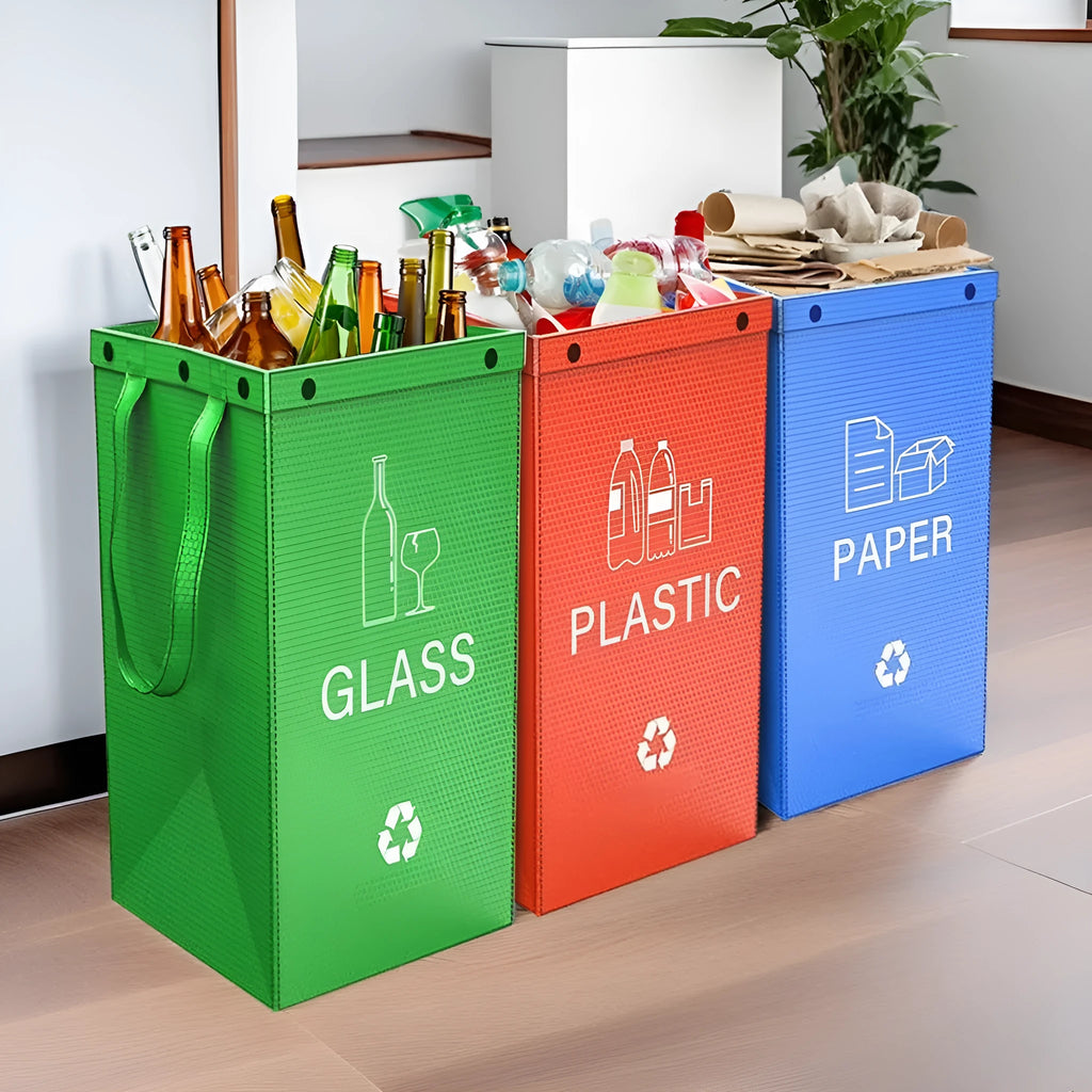 Blue reusable PP plastic 40L garbage bag handbag for waste classification, dimensions 30x50x30cm.
