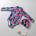 Cool watermelon children's long sleeve swimsuit set with fruit print on a white background
