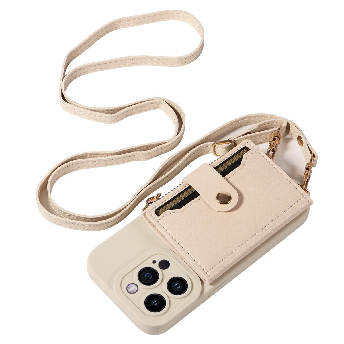 Black imitation leather phone case with attached fall protection strap on an Apple iPhone