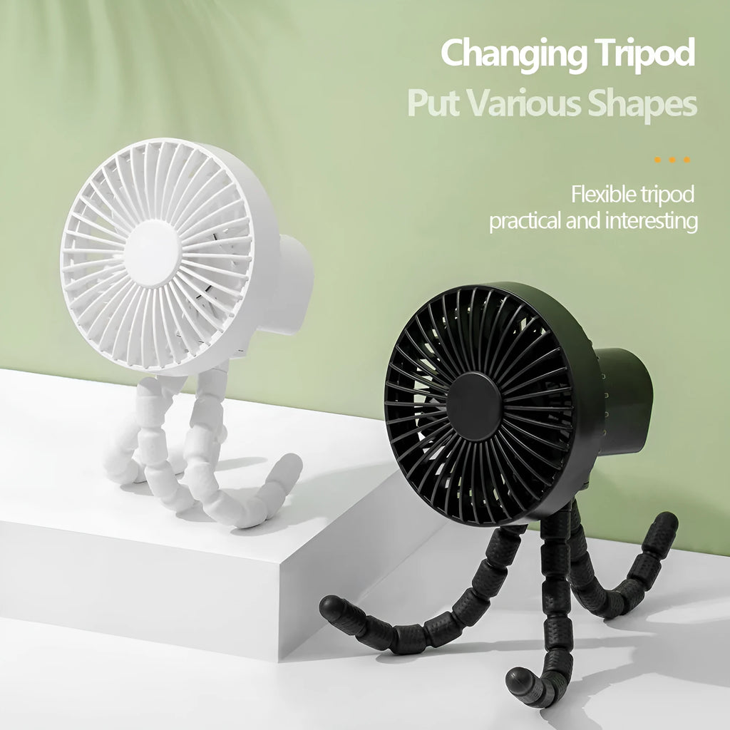 Compact USB desktop fan with a bending head on a flexible octopus tripod, in white colour.