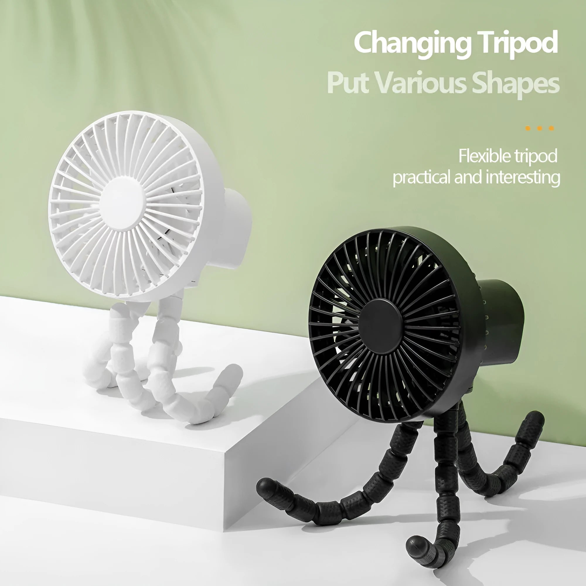 Compact USB desktop fan with a bending head on a flexible octopus tripod, in white colour.