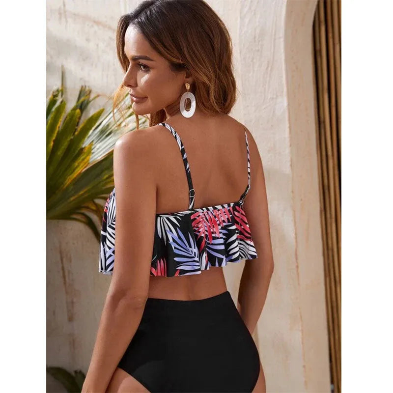 Women's high-waist floral print bikini set with flounced detail in blue and white pattern