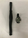 Black heart rate monitor watch with rubber strap and round dial, waterproof to 3 metres with chest strap